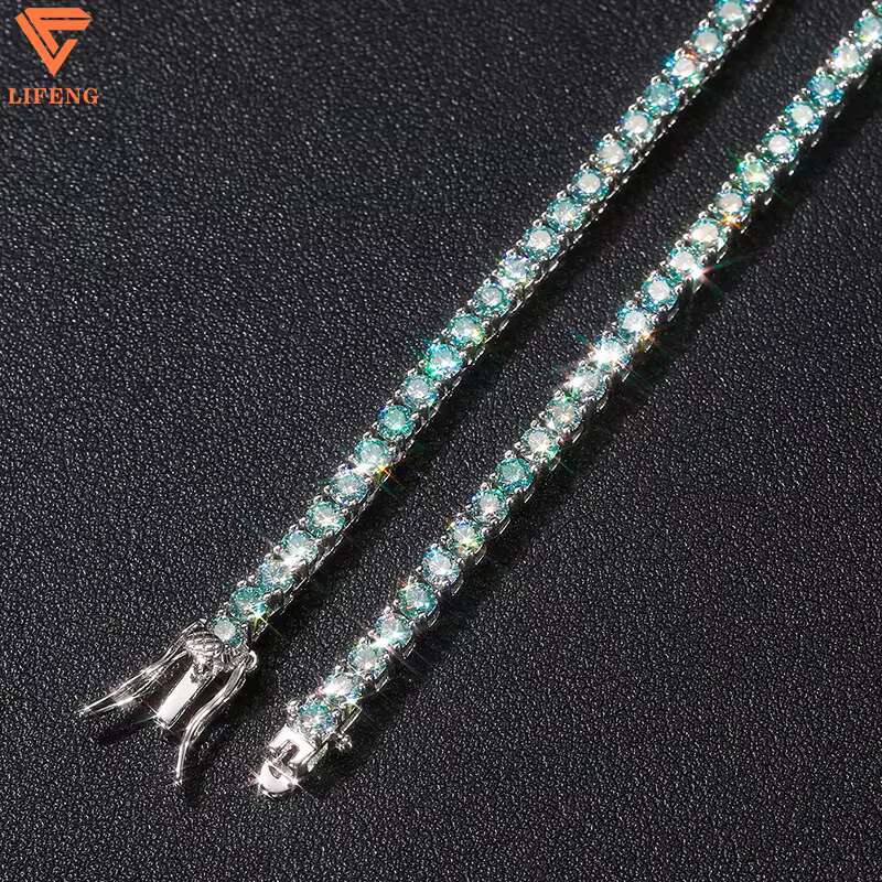 New Arrival Iced Out Colorful VVS Moissanite 3mm Cluster Tennis Chain Hiphop Jewelry 925 Sterling Silver Green Tennis Necklace