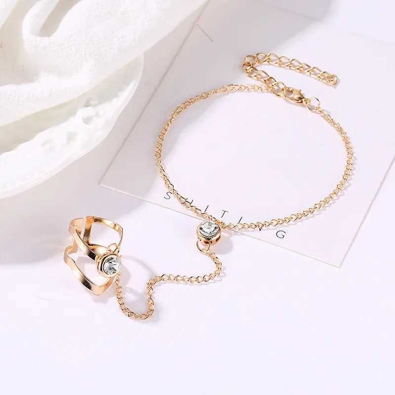 Bohemia Punk Link Chain Ring Connected Bracelets Gold Color Metal Finger Ring Bracelets Hand Harness Fashion Jewelry for Women XJ250707