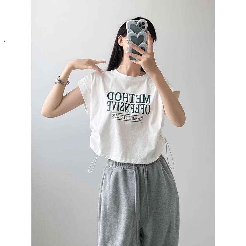 European Style Printed Letter Round Neck Short Sleeve T-Shirt For Women Summer Versatile Drawstring Jazz Hot Girl Top Trendy B5