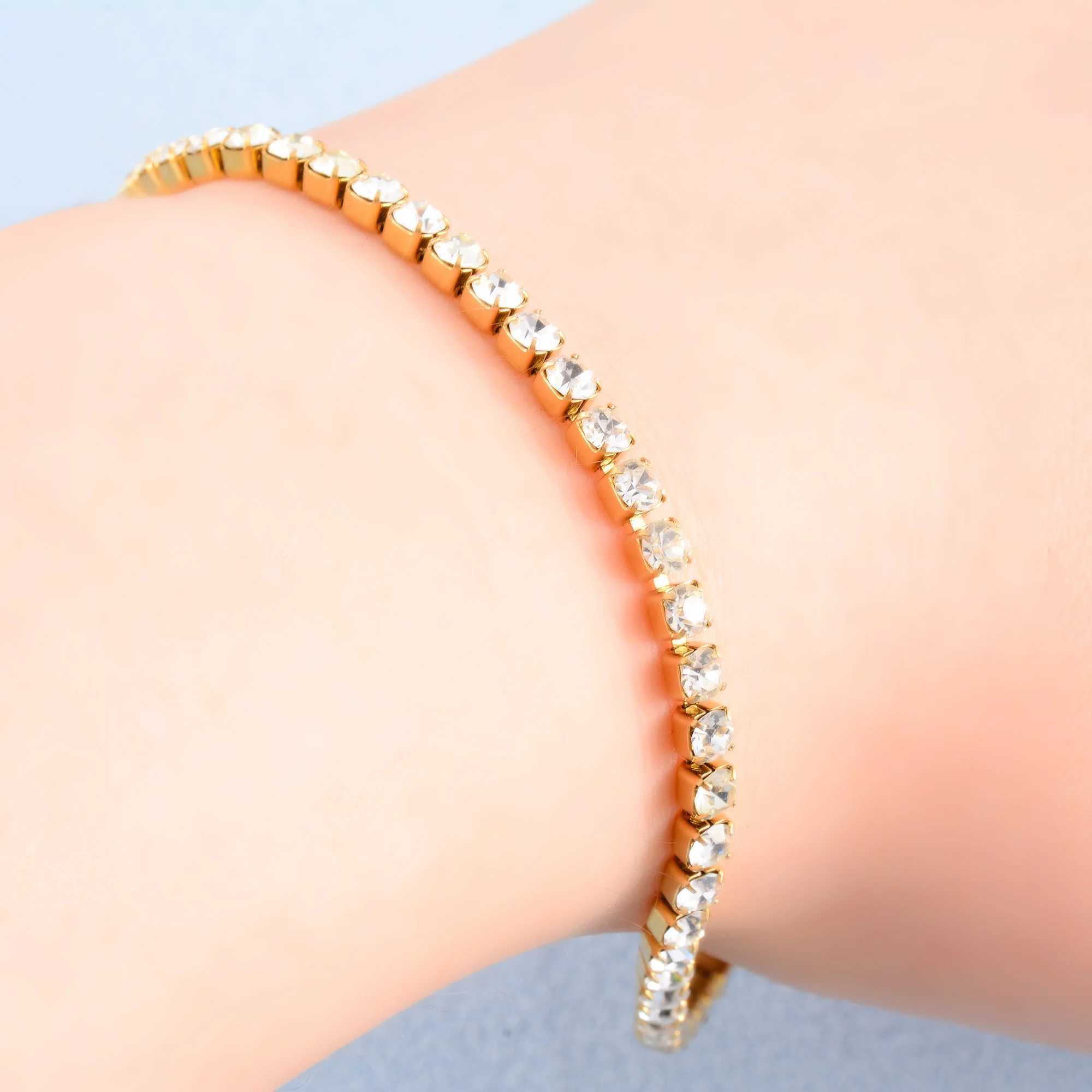 100% Authentic Stainless Steel Cubic Zirconia Tennis Chain Bracelet for Women Ladies Crystal Bangle Minimalism Jewelry Accessories XJ250707