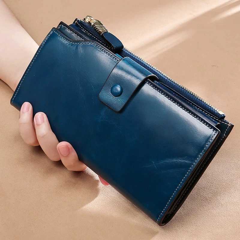 100% Genuine Leather RFID Blocking Wen Wallet LG Lady Purse Brand Design Luxury Bag Oil Wax Card Holder Fem Coin Clips Y250707