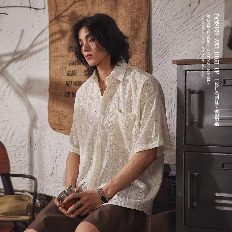 Design Sense Hollow Short Sleeve Shirt Designer Short Sleeves For Men Summer Ethnic Style Draped Japanese Retro Cool Loose Turn-down Collar Shirt