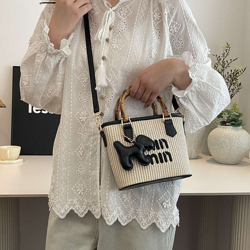 2025 New Summer Fashion Color-Block Bamboo Basket Handheld Shoulder Crossbody Trendy Women's Bag