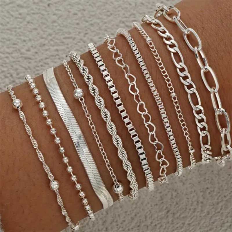 11pcs/set Silver Color Chain Bead Bracelets for Women Simple Elegant Vacation Beach Party Casual Jewelry Versatile Daily Wear XJ250707