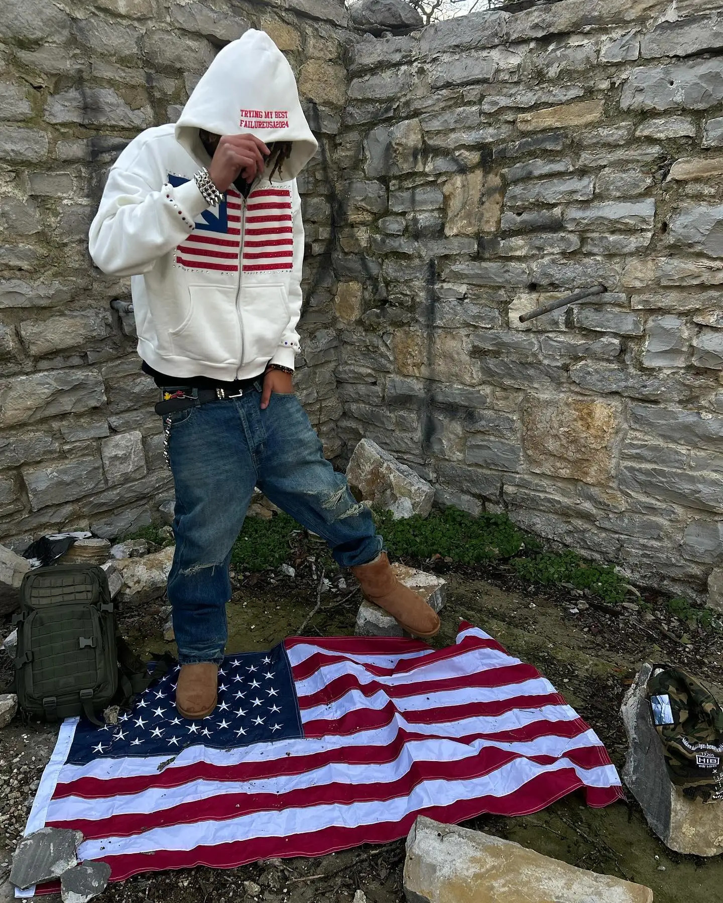 America National Flag Rhinestone Embroidery Zipper Hoodie Y2k Gothic Loose Cotton White Hoodies Sweatshirt Street Men Clothing 250707