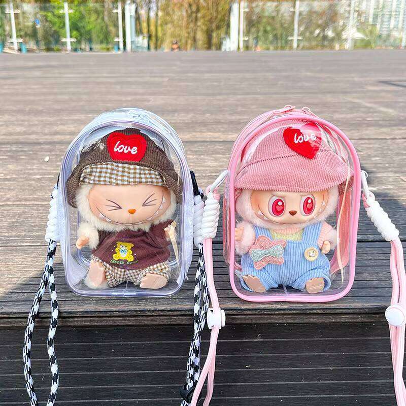 DHgargets Wholesale Cartoon LABUBU Monsters Sit Pose Pink Clear Dustproof Plastic Back Waterproof Shoulder Bag for Gift