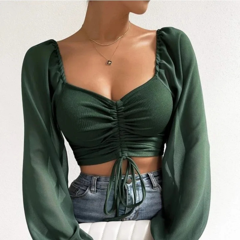Sexy Women Mesh Lantern Sleeves Drawstring Wrap Chest Bare Midriff T Shirt Women Long Sleeves Bottoming 250703