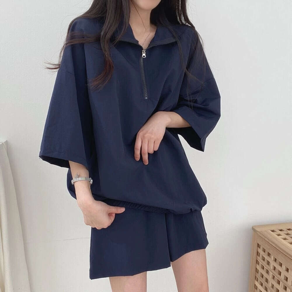 Stand Collar Zipper Short Sleeve For Women Summer New Fashion Casual Sportswear Two-Piece Set Trendy B5
