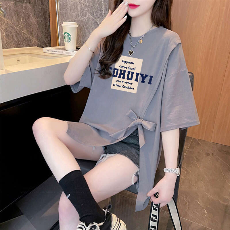 Fashion Subtle Design Sense Split Cotton Short Sleeve Mid-Length Lazy Style Printed Women's T-Shirt B5