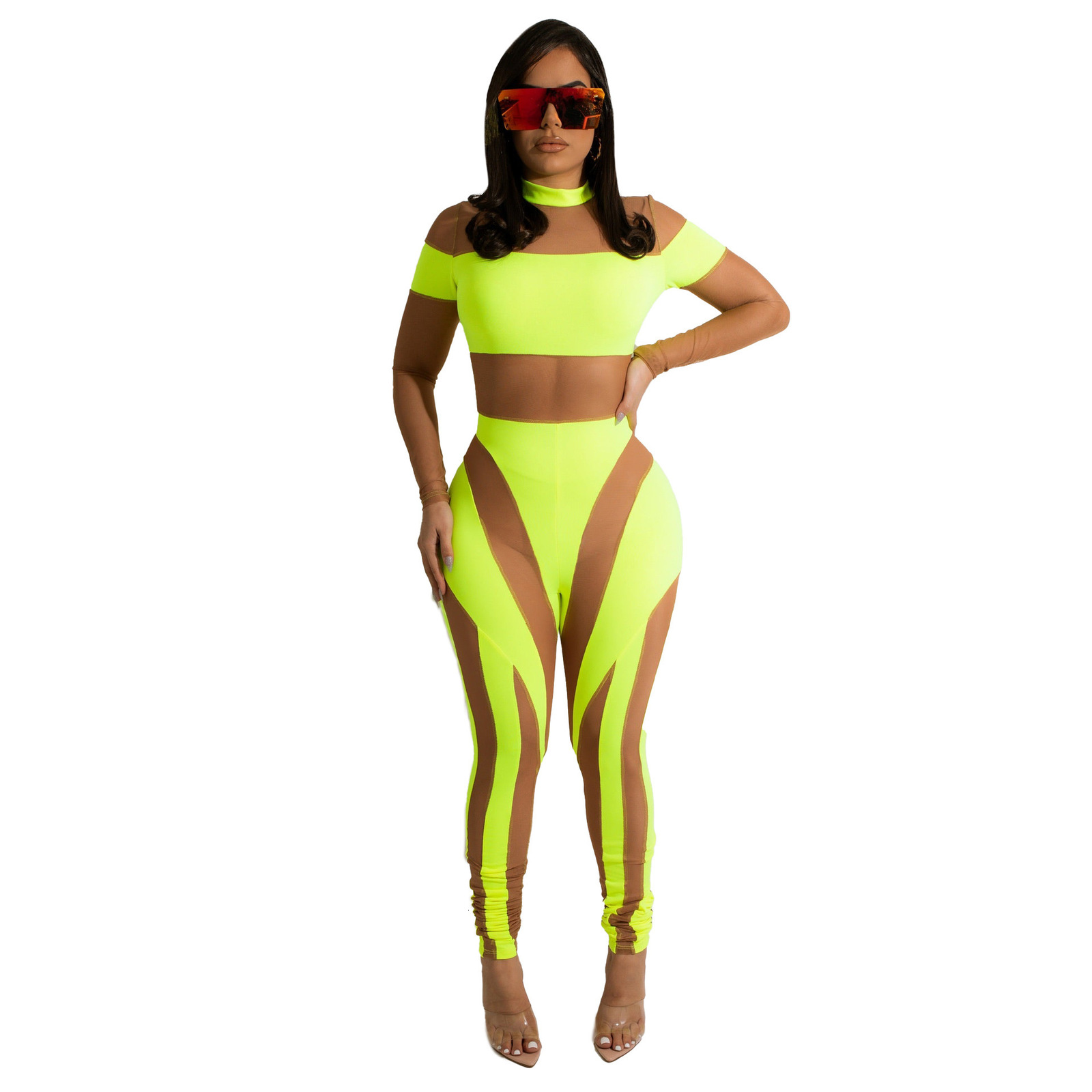 Women's Two Piece Pants Kliou Mesh Patchwork Two Piece Set Women Skinny Hole Sleeveless VestMid Waist See Through Leggings High Street Attirewear