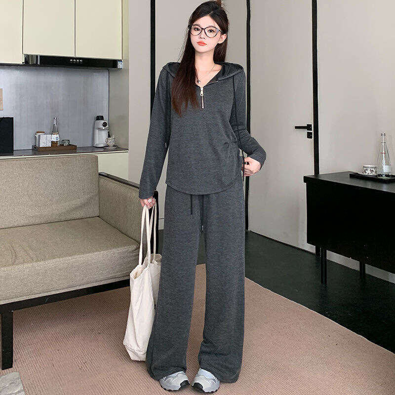 Lazy Hooded Sweatshirt For Women Autumn Winter Plus Size Casual Slimming Korean Style Wide Leg Pants Two-Piece Set B5