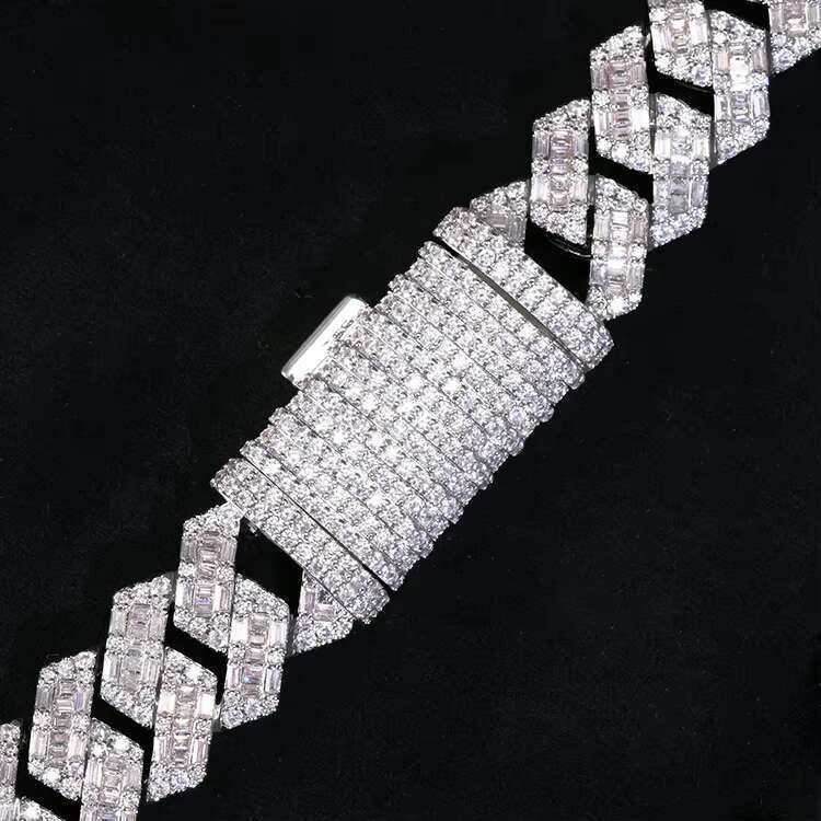 Newest Hot Sale Moissanite Chain 14mm Baguette Shaped Diamond Hip Hop Sterling Silver Custom Moissanite Cuban Chain