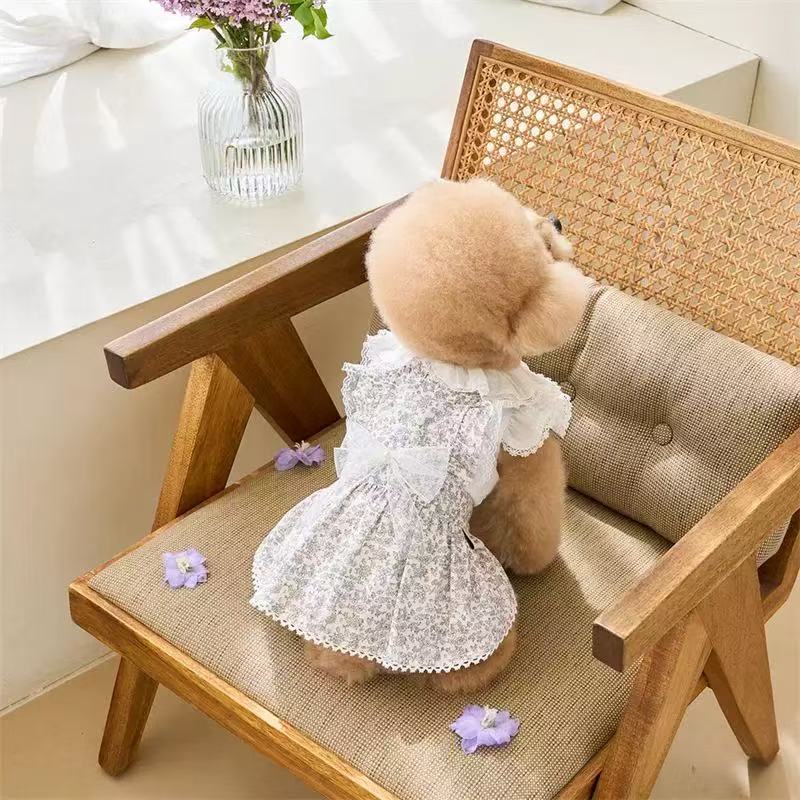 T642 2025 New Spring and Summer Pet Clothes French Floral Dress Cute Small Dog Skirt Princess Bichon Frise Dog