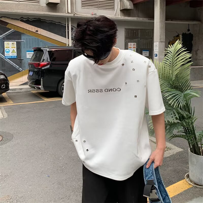 Trendy Brand Letter Rhinestone Designer Short Sleeves Short Sleeve Men's Summer Cool High-end Shoulder Pad T-shirt Loose Design Half Sleeve Top