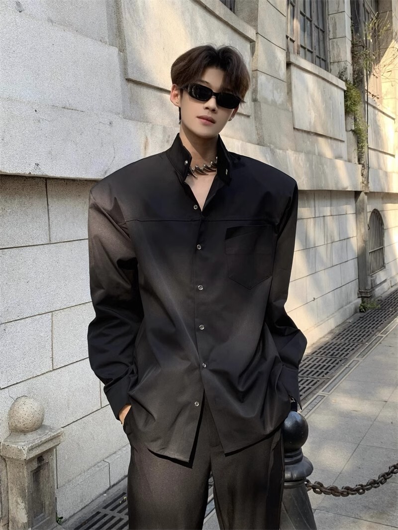 Unique Design Shoulder Pad Shirt For Men, High-end Style, Cool And Handsome, Loose Fit, Stand Designer Short Sleeves Collar, Oversized Casual Long Sle