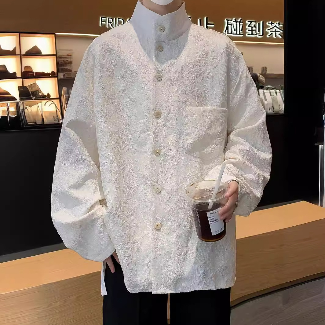 New Chinese Style Stand Collar Shirt For Men Designer Short Sleeves Spring Solid Color High-end Tang Suit Shirt National Trend Jacquard Versatile Jack