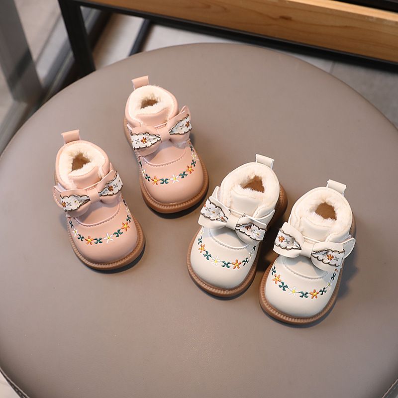Baby Girl Boots Winter Infant Warm Fur Shoes Happysteps Toddler Ankle Boots Kidsnest Cute Bow-knot Flowers Newborn Outdoor First Walkers Size US1C-US1