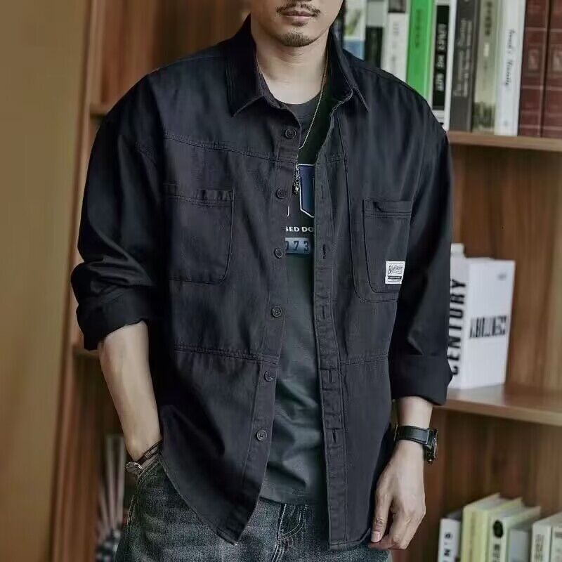 Washed Workwear Shirt Men Long Sleeve Autumn Japanese Style Cool Hong Kong Trendy Designer Short Sleeves Brand Casual Jacket Men Spring Autumn Style