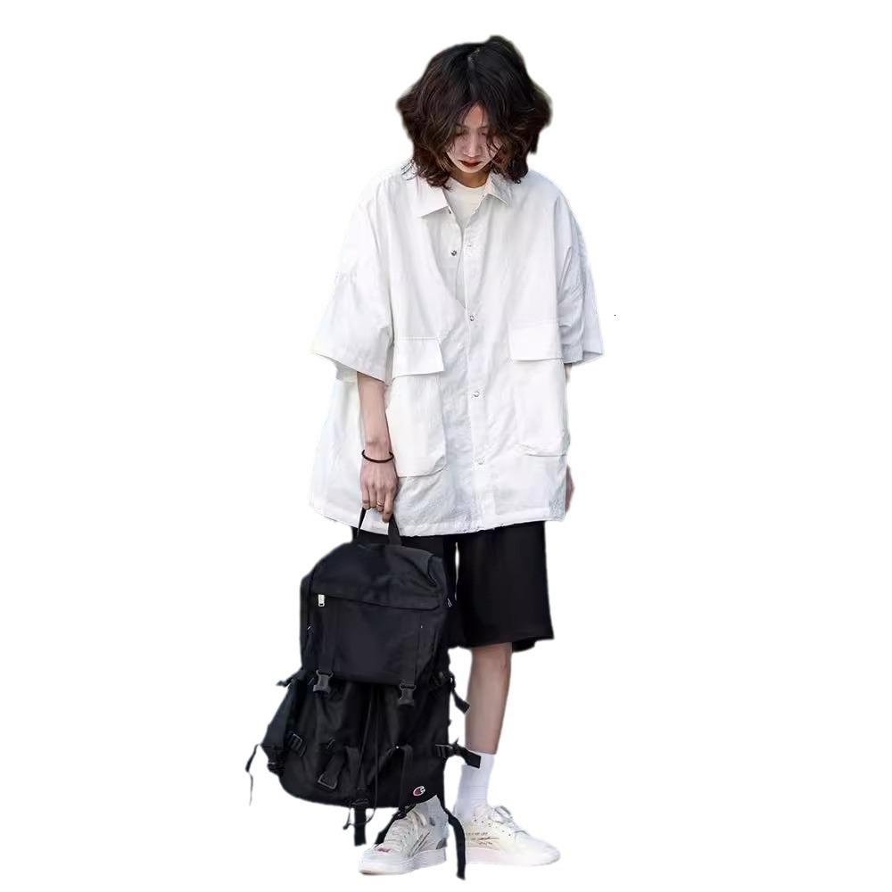 Japanese Style National Trend Multi-pocket Designer Short Sleeves Shirt 2025 Short Sleeve Casual Versatile Loose Couple Commuting Unisex Jacket Summer