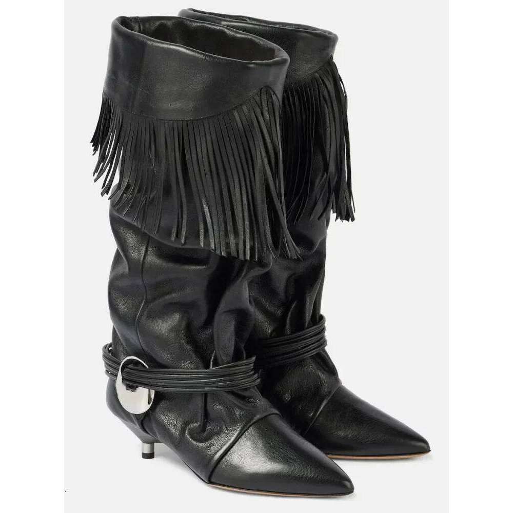 European And American Women's New Pointed Pleated 5Cm Thin Heel Fringed Calf Knight Boots, Plus Size Mid Length Boots