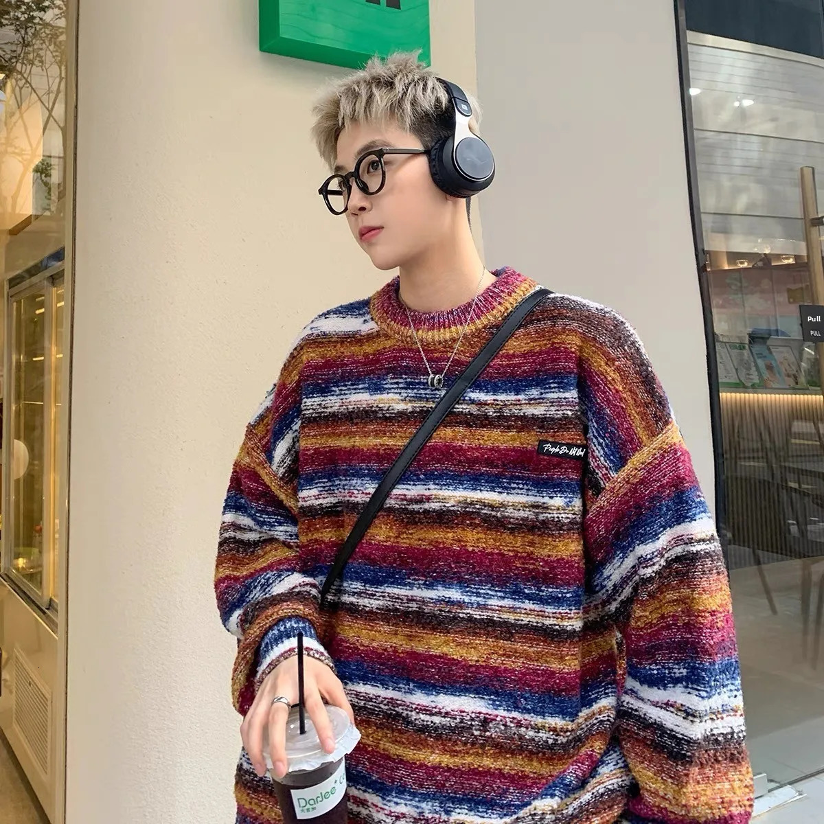 American Sle Rainbow Stripes Mens Knitted Sweater Round Neck Base Layer Top Casual Loose Fit Long Sleeve Autumn Winter 250703