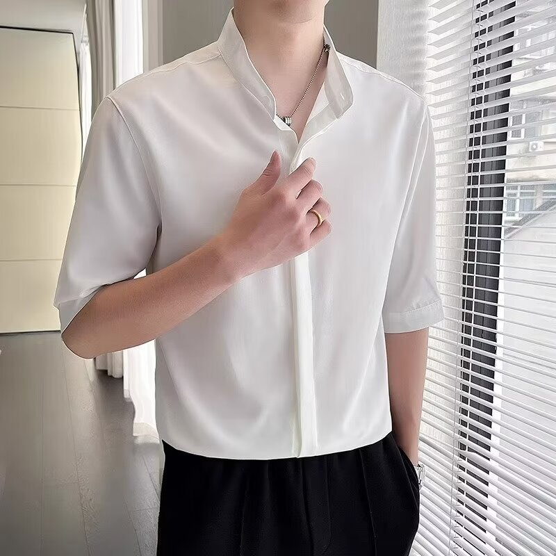 Lushangshuai High-end Designer Short Sleeves Black Ice Silk Stand Collar Three-quarter Sleeve Shirt Men's Cool Draped National Style Short Sleeve