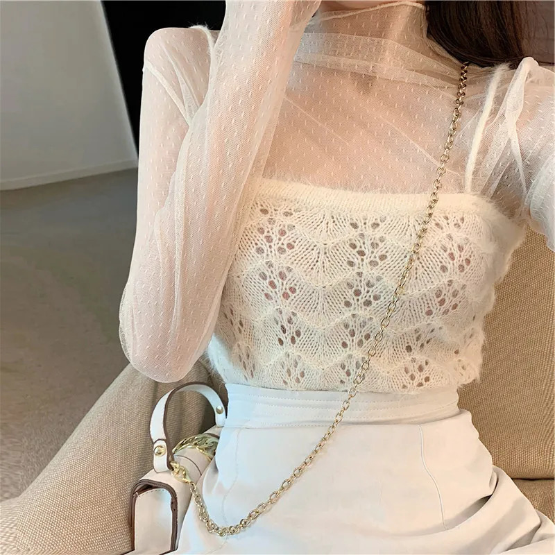 Sexy Lace Mesh Tees T-Shirt Tops fpr Women Pullover See Through Thin Bottom Shirt Blouses Long Sleeve Female Dots High Neck 250703