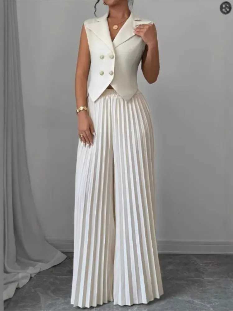 Women Fashion Solid Office Suit Casual Slim Button Two Piece Set Elegant Turn Down Collar Sleeveless Blazer Pleat Pants Outfits M250706