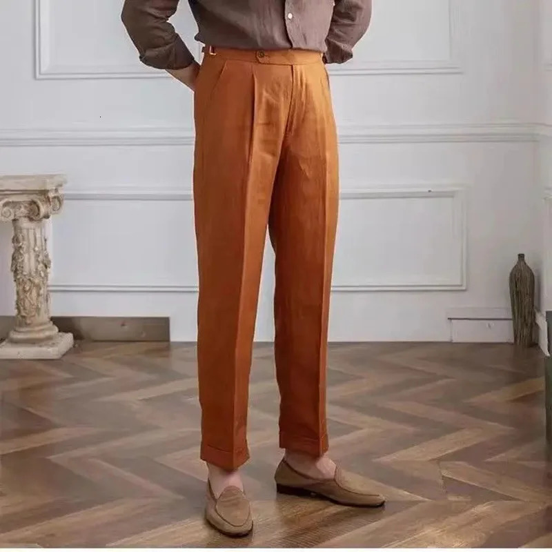 Spring Autumn Men 100% Linen Italian Naples Pants High Waist Straight Suit Trousers Fashion Lightweight Breathable Casual Pants 250707