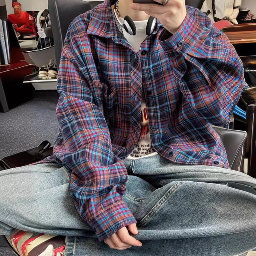 Long Sleeve Shirt Men's 2025 Spring New Korean Style Trendy Japanese Designer Short Sleeves Retro Plaid Plus Size Turn-down Collar Shirt Jacket