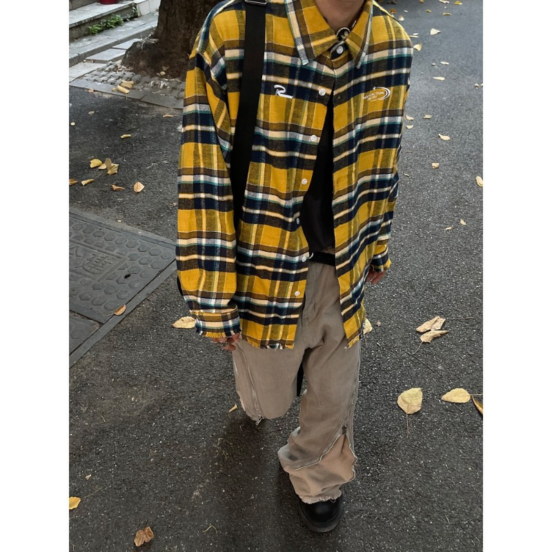 American Retro Distressed Yellow Designer Short Sleeves Plaid Shirt For Men, Spring And Autumn New Loose Trendy Brand Couple Shirt, Long Sleeve Jacket