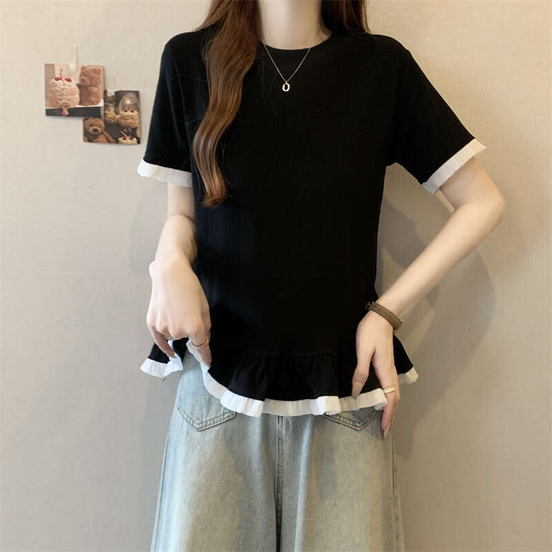 Plus Size Design Sense Right Shoulder Ruffle Short Sleeve T-Shirt For Women Summer Style Age-Reducing Slimming Versatile Niche Top B5