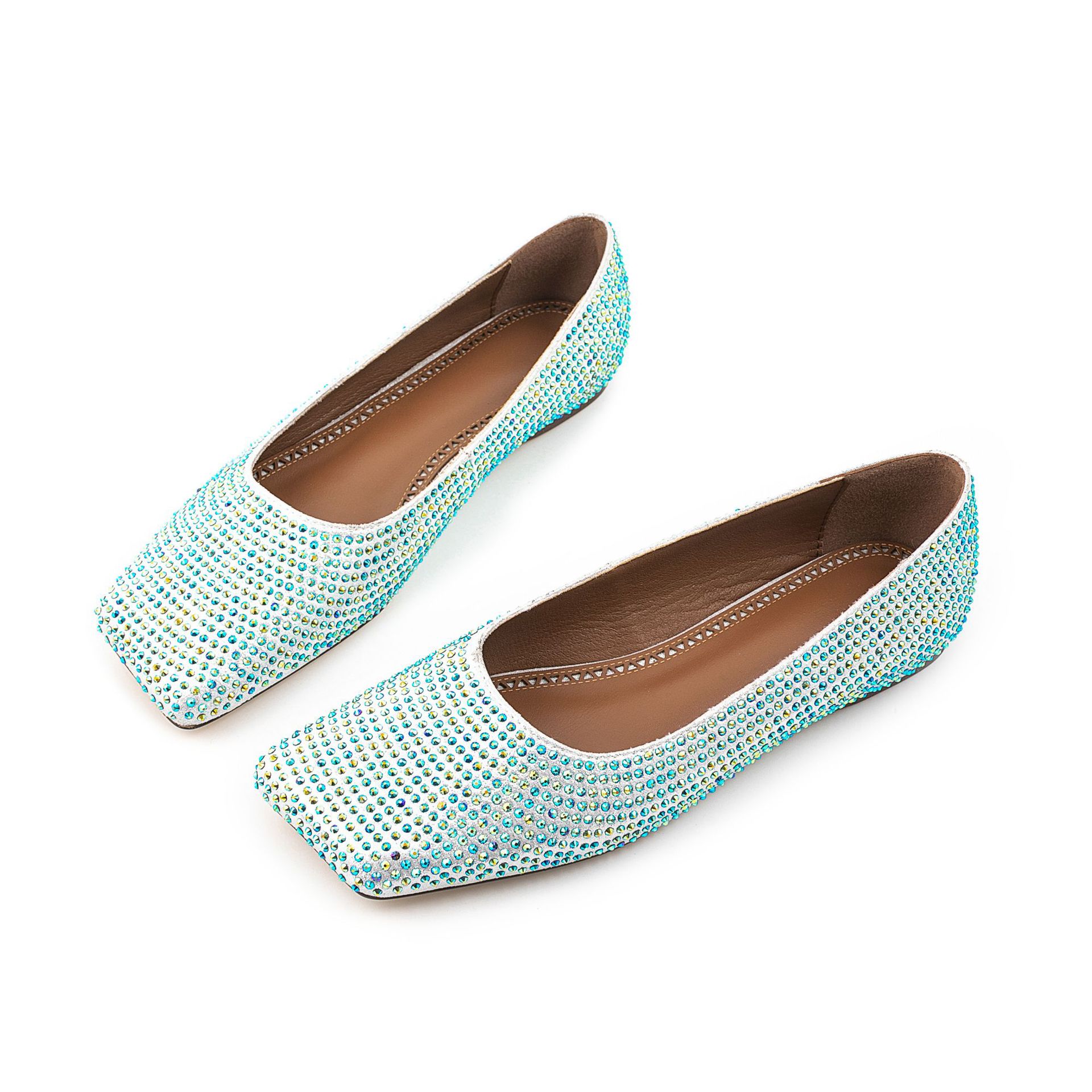 Women's Silver Suede Square-Toe Ballet Flats - Full Rhinestone Accent Wide Width Slip-Ons, Faux Suede Comfort Flats