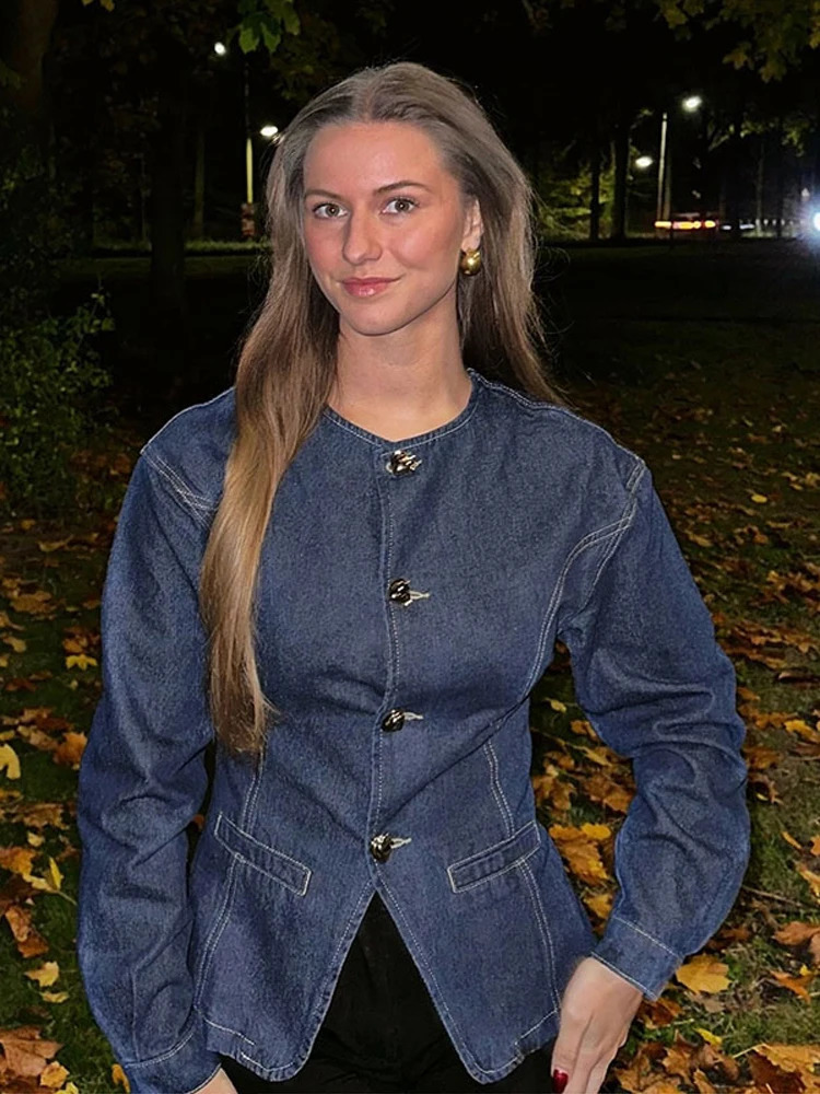 Vintage Denim Jacket Pants Sets Women O-neck Single Breasted Long Sleeve Coat Wide Leg Straight Pant 2025 Lady Jeans Outfits 250703