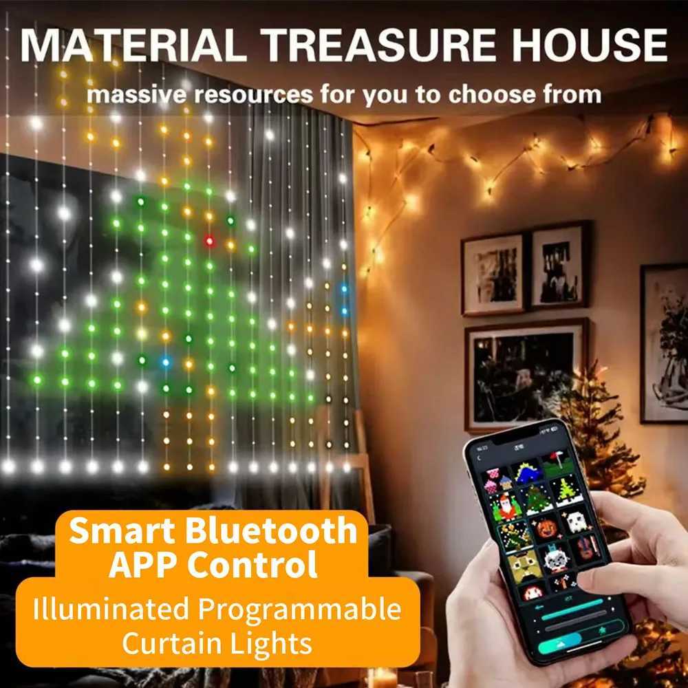 Smart Curtain Lights Bluetooth App Control RGBIC LED String Waterproof Fairy Light USB DIY Text Pattern Display Party Room Decor W250701