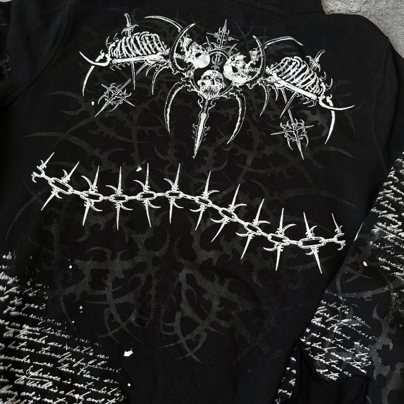 Gothic skull geometric pattern print versatile casual hoodies men Y2K hip-hop street clothing rock and roll oversized sweatshirt 250707