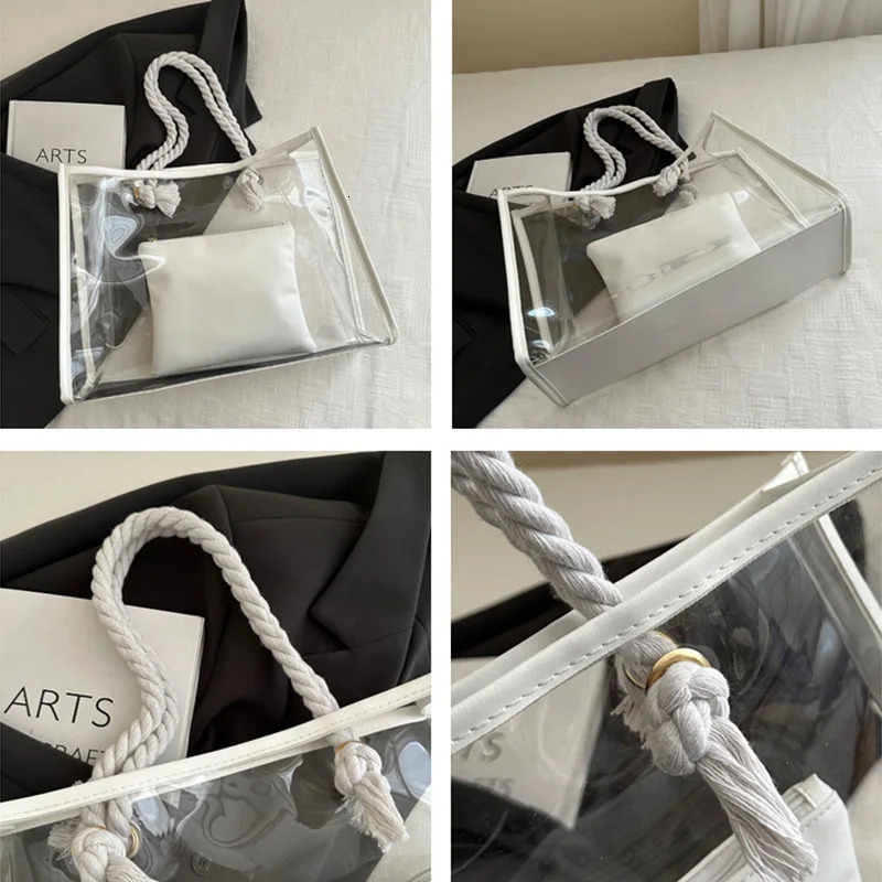 2pcs/set Clear PVC Casual Tote Bags For Women Waterproof Transparent Travel Beach Shoulder Bag For Outdoor Summer Handbags 250714