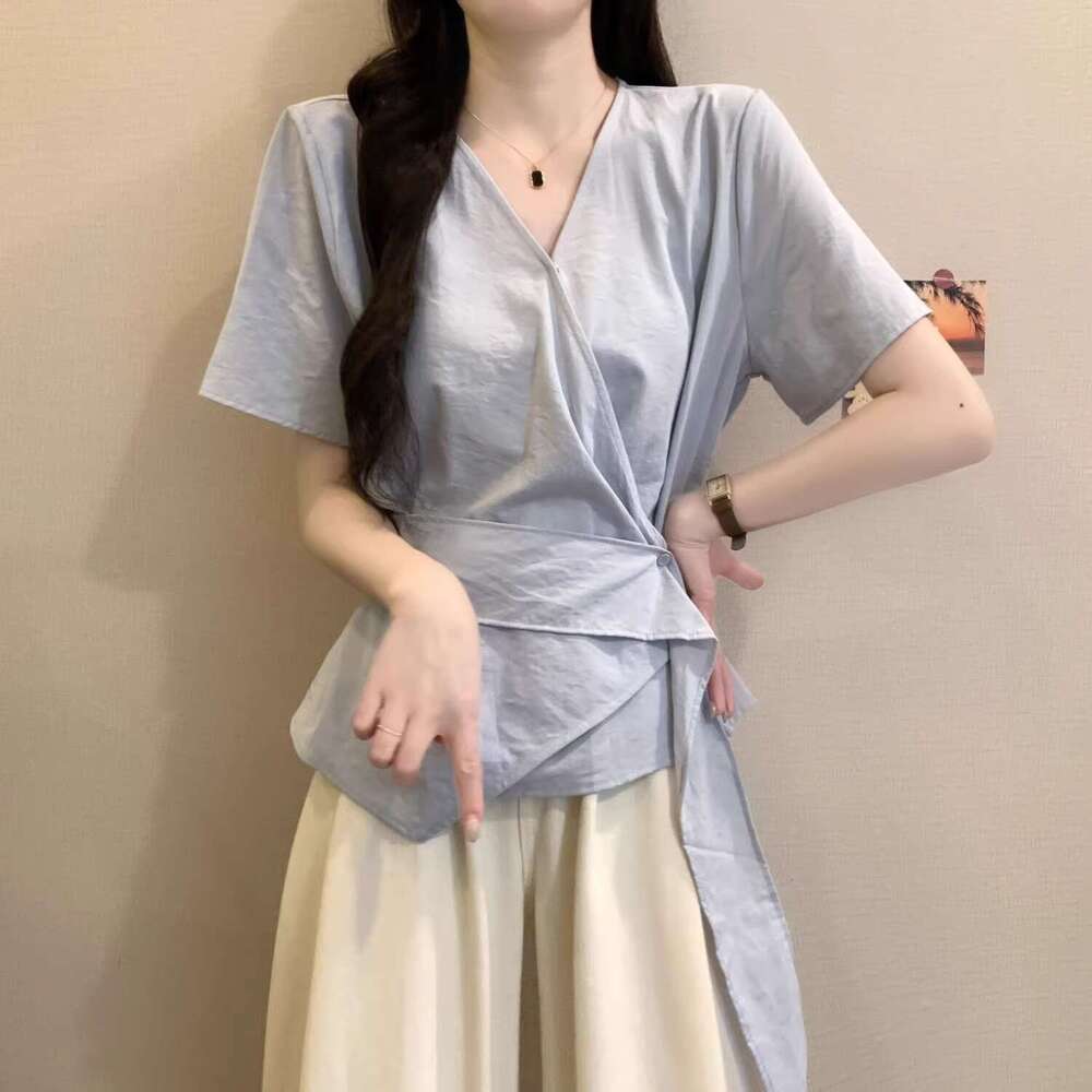 Cloud Wrinkle Short Sleeve Shirt For Women Summer New Large Size Belly Covering Irregular Waist Slimming Top B5