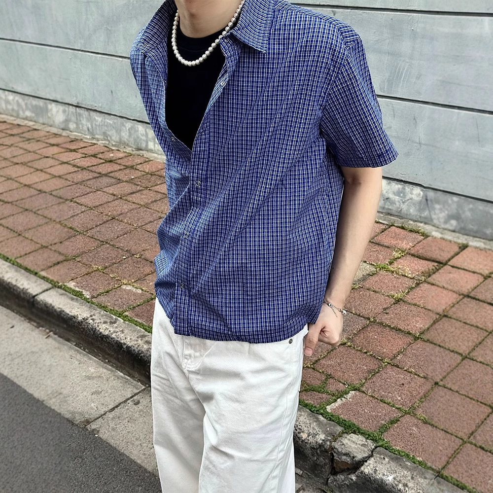 Designer short sleeves Royal Blue Plaid Short Sleeve Shirt for Men Summer High-End Drawstring Plaid Shirt Old Money Style Half Sleeve Jacket