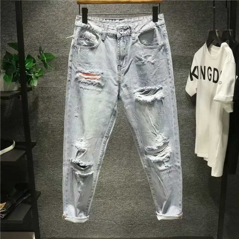 Mens Jeans with Holes Man Cowboy Pants Cropped Harem Hip Hop Trousers Torn Ripped Broken Retro Classic Trend 2024 Korean Style XJ250707