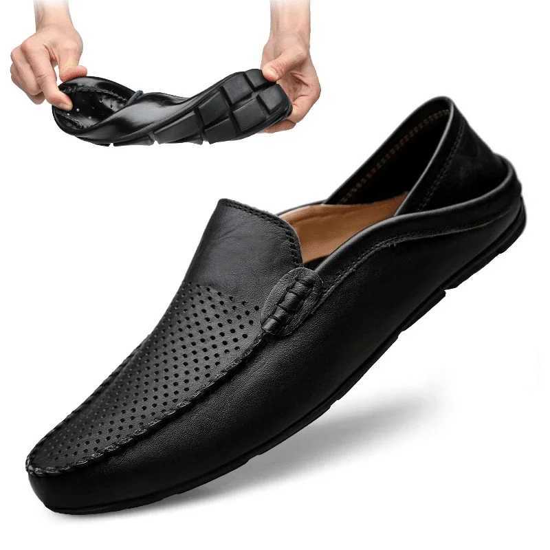 Summer Men Casual Shoes Leather Breathable Slip on Boat Shoes Italian Luxury Brand Mens Driving Loafers Size 37-47 Y250707