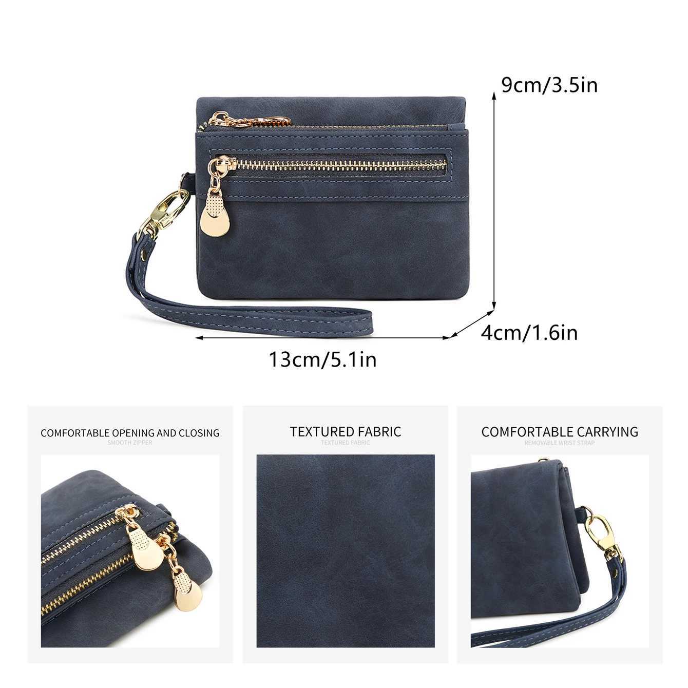 double fold PU leather short wallet with zipper coin pocket mtiple card slots and wrist band casual portable card clip Y250707