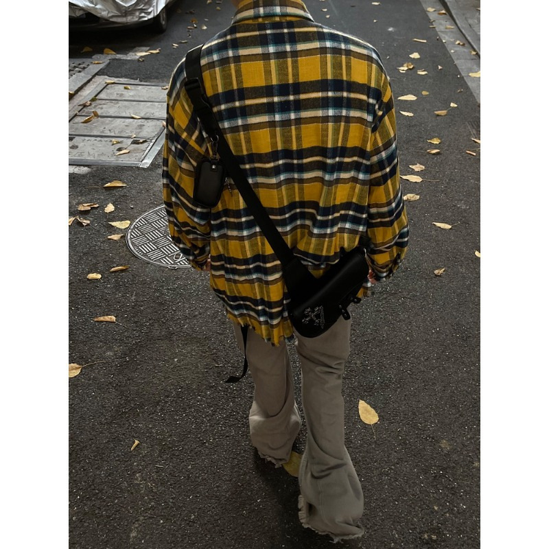 American Retro Distressed Yellow Designer Short Sleeves Plaid Shirt For Men, Spring And Autumn New Loose Trendy Brand Couple Shirt, Long Sleeve Jacket