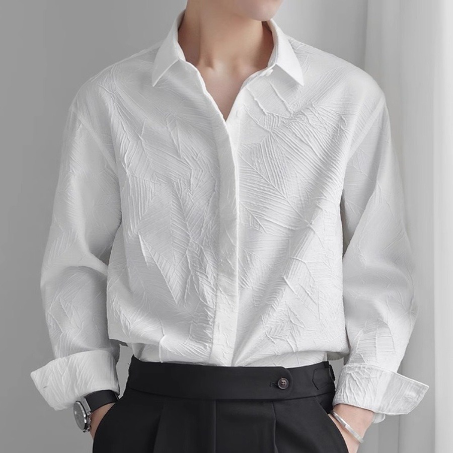 Jacquard High-end Feel Turn-down Collar White Shirt Men Loose Casual Shirt Youth Y2K Stylish Designer Short Sleeves Korean Version Outerwear Top