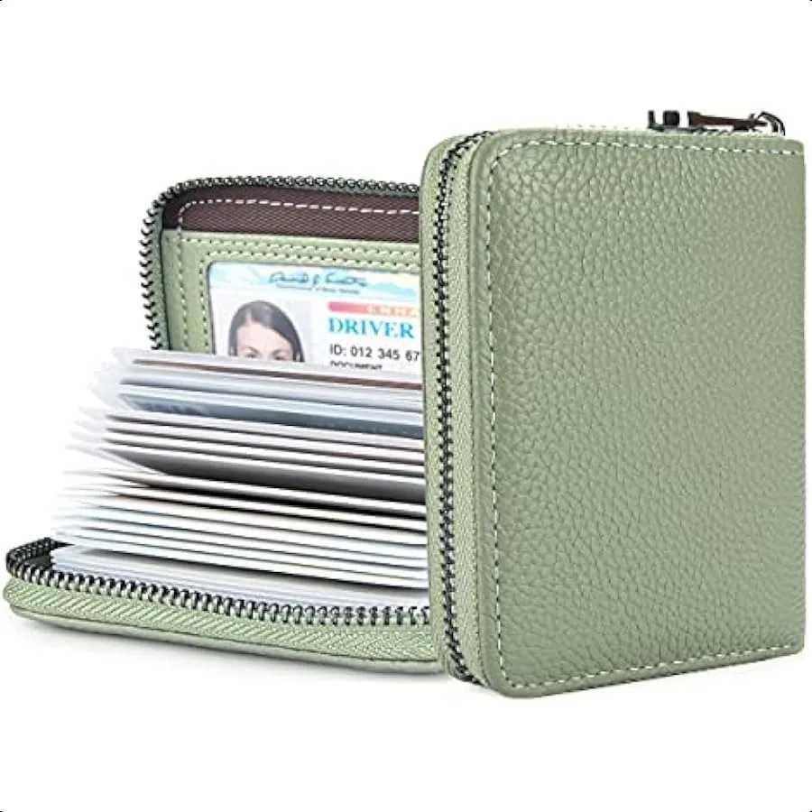 Suweibuke Genuine Leather Wallet Holder RFID Blocking Secure Card Case ID Case Organizer Zipper Wallet Light Green Y250707
