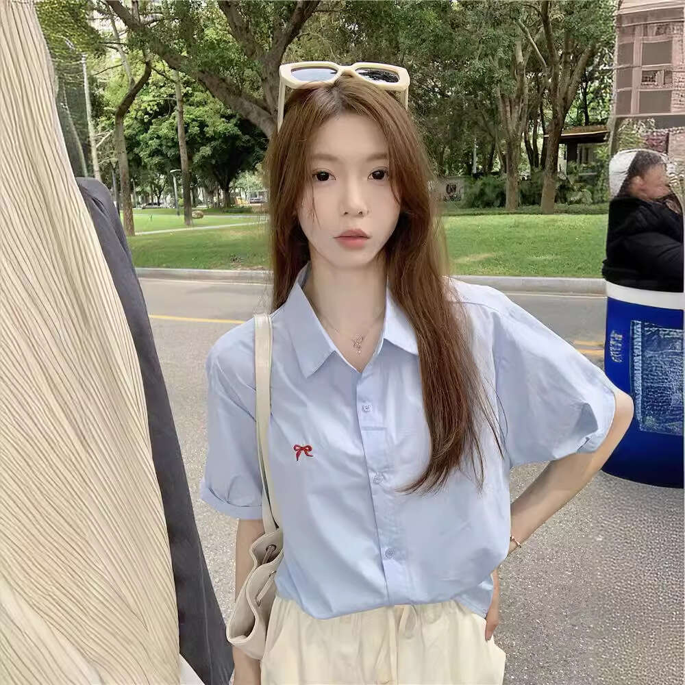 Summer Korean Style Design Sense Bowknot Embroidered Short Sleeve Shirt For Women Niche Casual Loose Sun Protection Top Trend B5