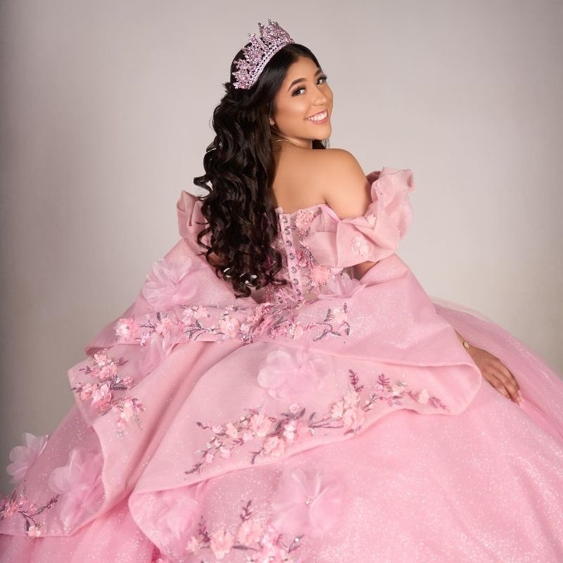 Pink Quinceanera Dresses Ball Gown Off Shoulder Appliques Flower Beads Tull Corset Sweet 16 Dress Birthday Party Vestidos 15 De Anos