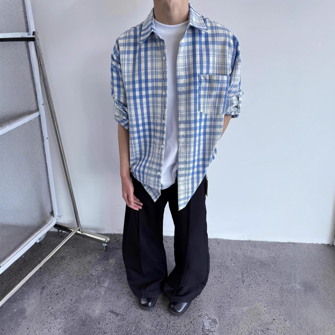 Factory Direct Supply Spring Retro Lazy Versatile Blue Designer Short Sleeves Plaid Long Sleeve Shirt Men's Casual Loose Color-block Shirt Trendy