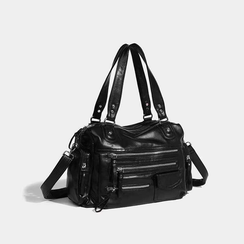 DHgargets New Casual Oil Wax Leather Large Capacity Tote Bags for Women Fashion Black Zipper Female Commuter Shoulder Bag Ladies Handbag