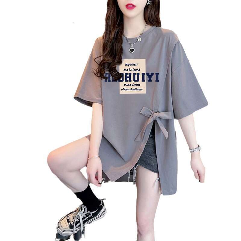 Fashion Subtle Design Sense Split Cotton Short Sleeve Mid-Length Lazy Style Printed Women's T-Shirt B5